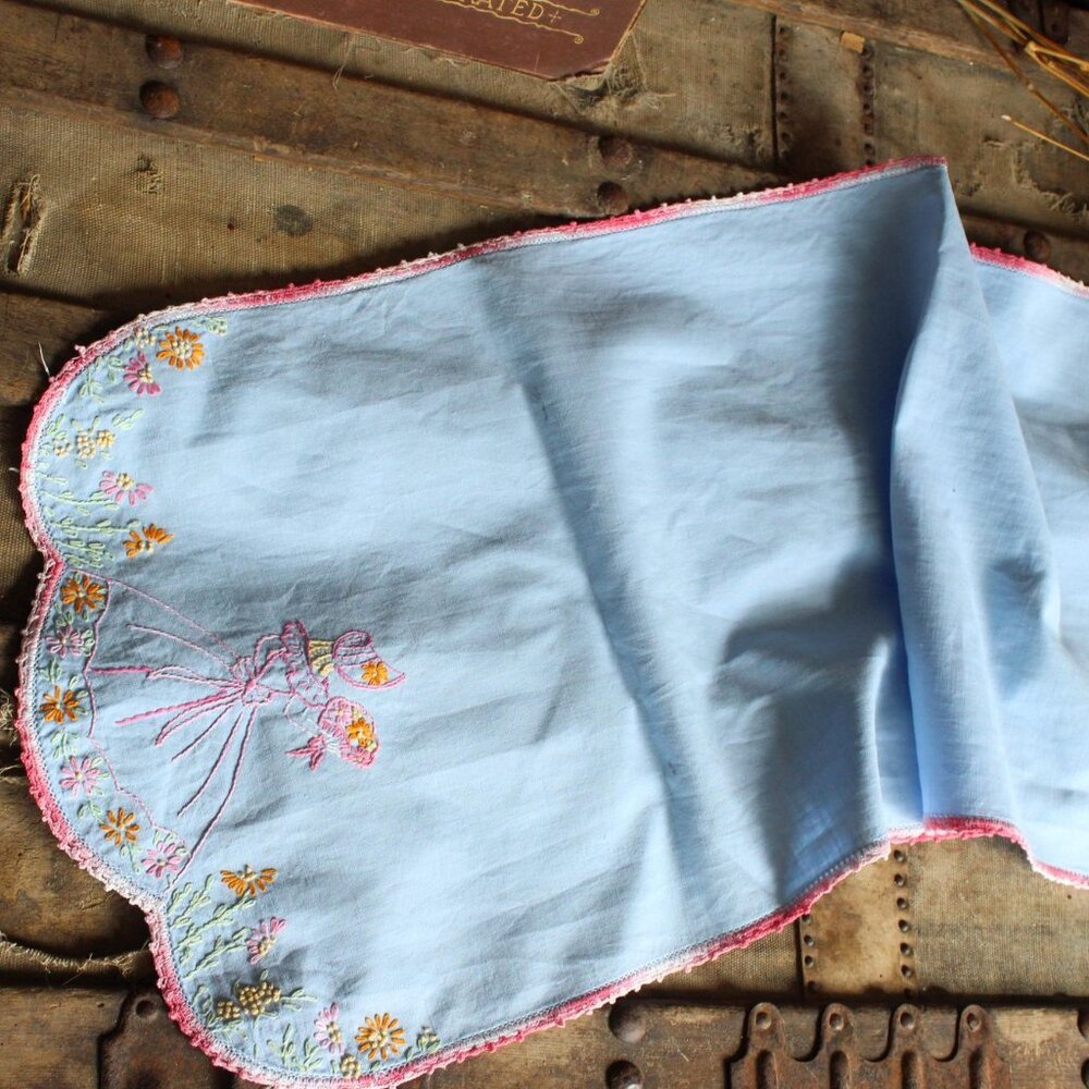 Vintage 1950s Table Runner, Blue Linen with Embroidered Woman and Flowers - Picture 8 of 10